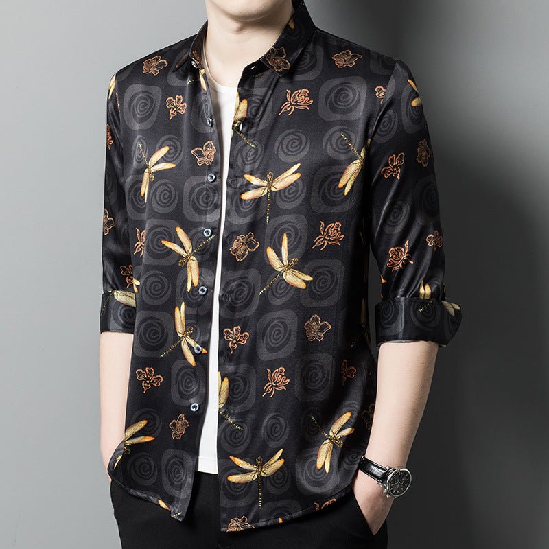 Long Sleeve Silk Shirts for Men Silk Dragonfly Print Dress Shirt