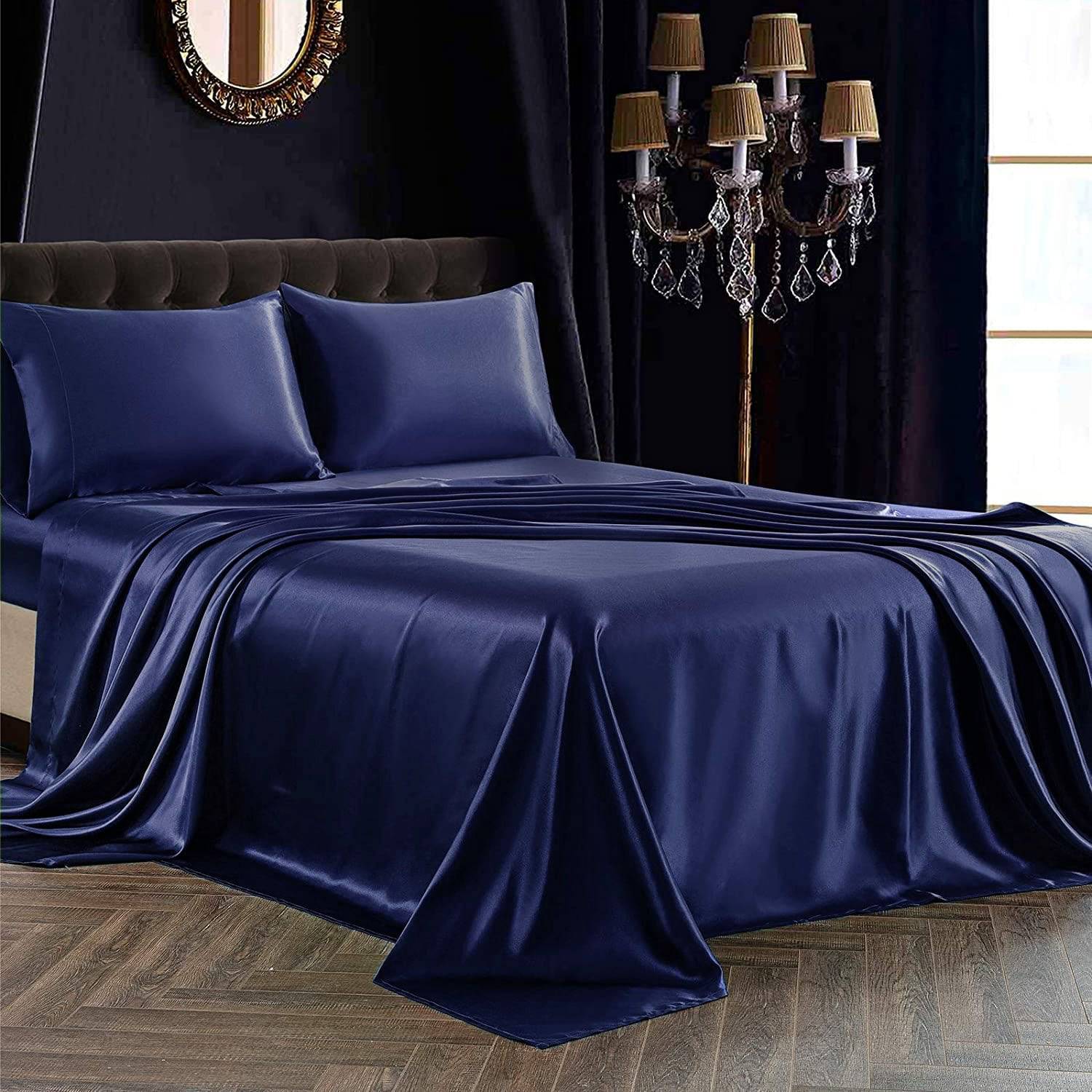 22 Momme 3 PCS Silk Flat Sheet Set 100% Mulberry Silk Bedding Navy Blue Twin (66"x96")