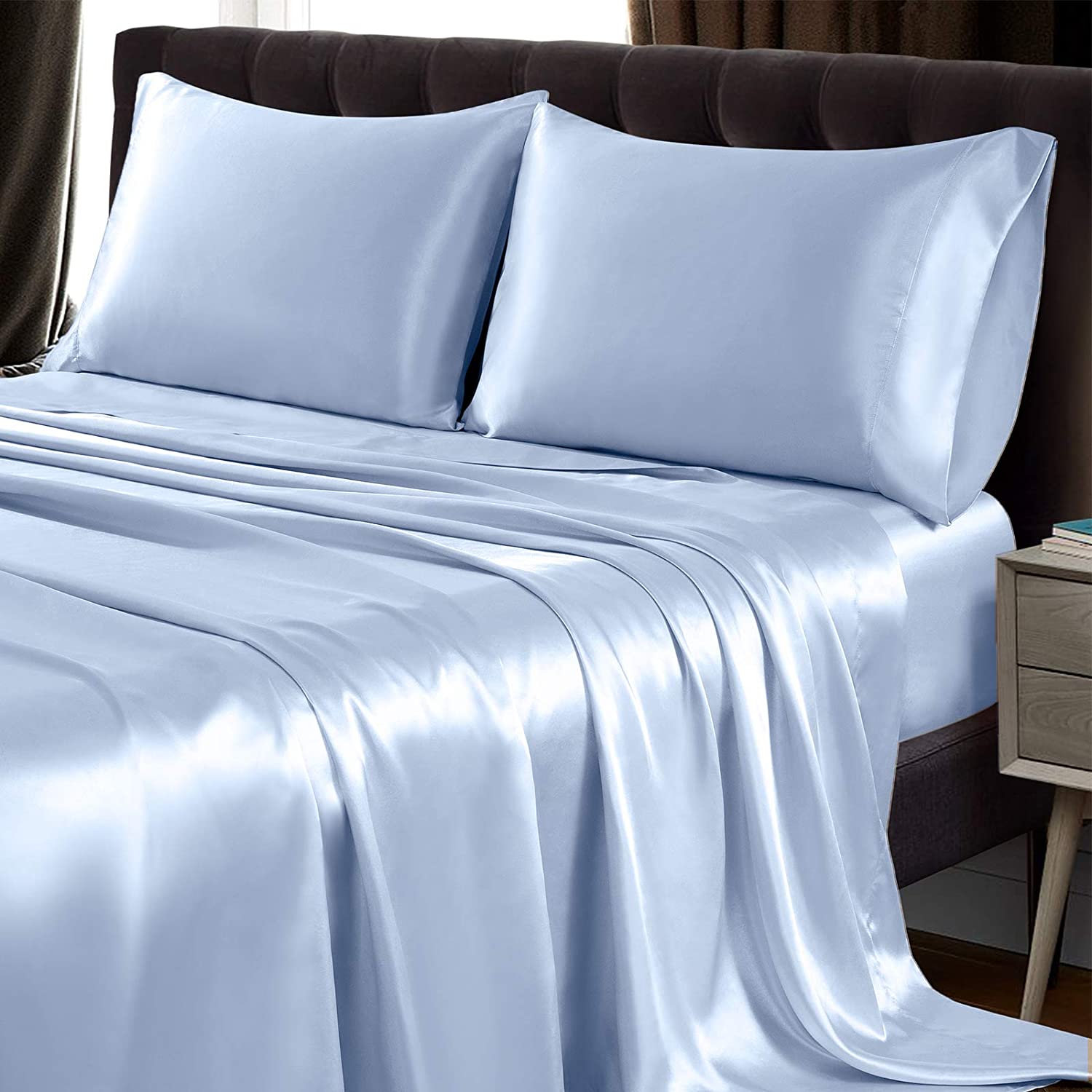 22 Momme 3 PCS Silk Flat Sheet Set 100% Mulberry Silk Bedding Light Blue Twin (66"x96")
