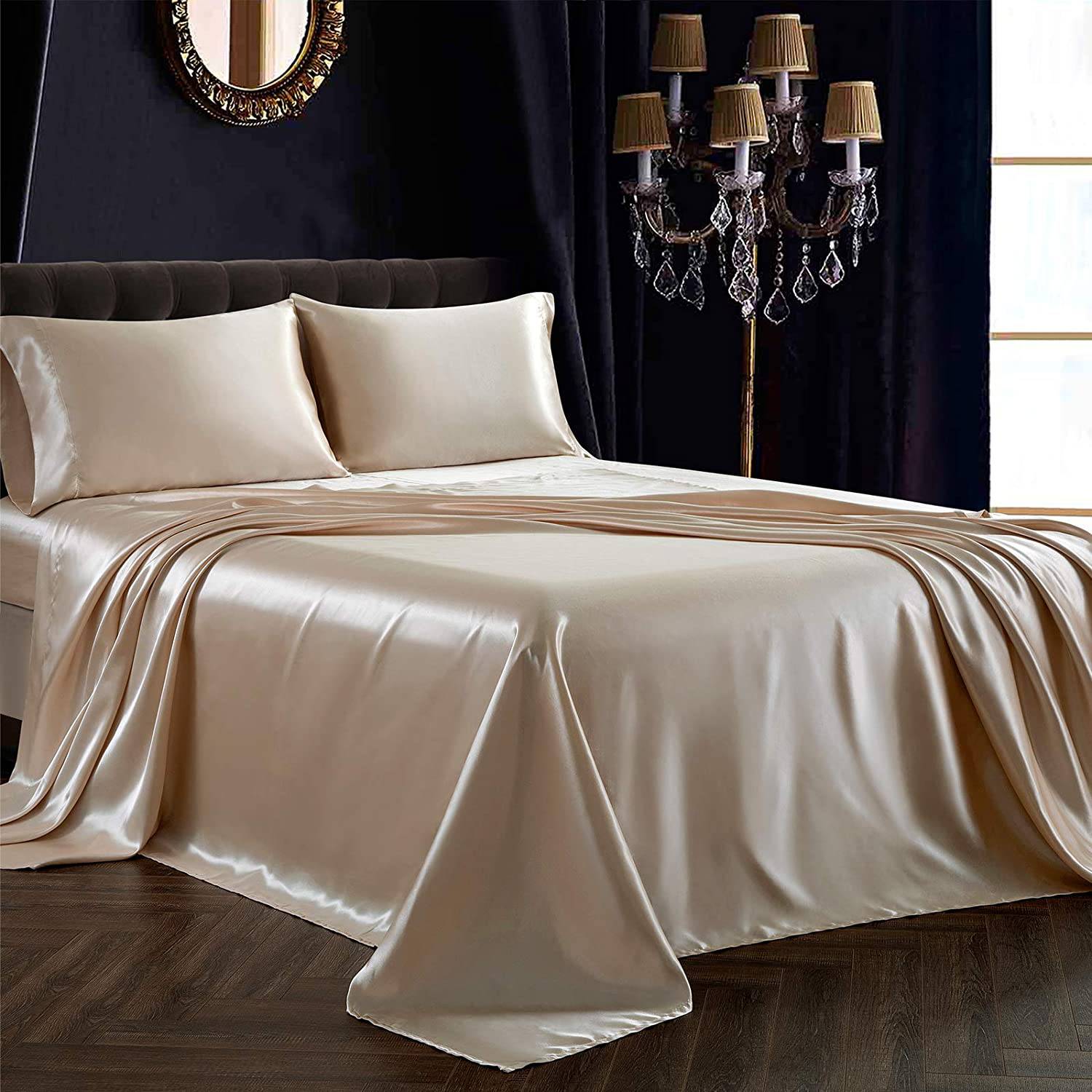 22 Momme 3 PCS Silk Flat Sheet Set 100% Mulberry Silk Bedding Champagne Twin (66"x96")