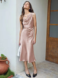 Luxury Silk Dresses Cowl Neck Sleeveless Silk Midi Dress