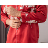 Men Crane Print Long Silk Pajamas Set Pure Silk Sleepwear