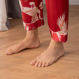 Men Crane Print Long Silk Pajamas Set Pure Silk Sleepwear