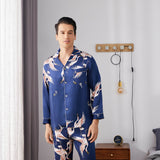 Men Crane Print Long Silk Pajamas Set Pure Silk Sleepwear