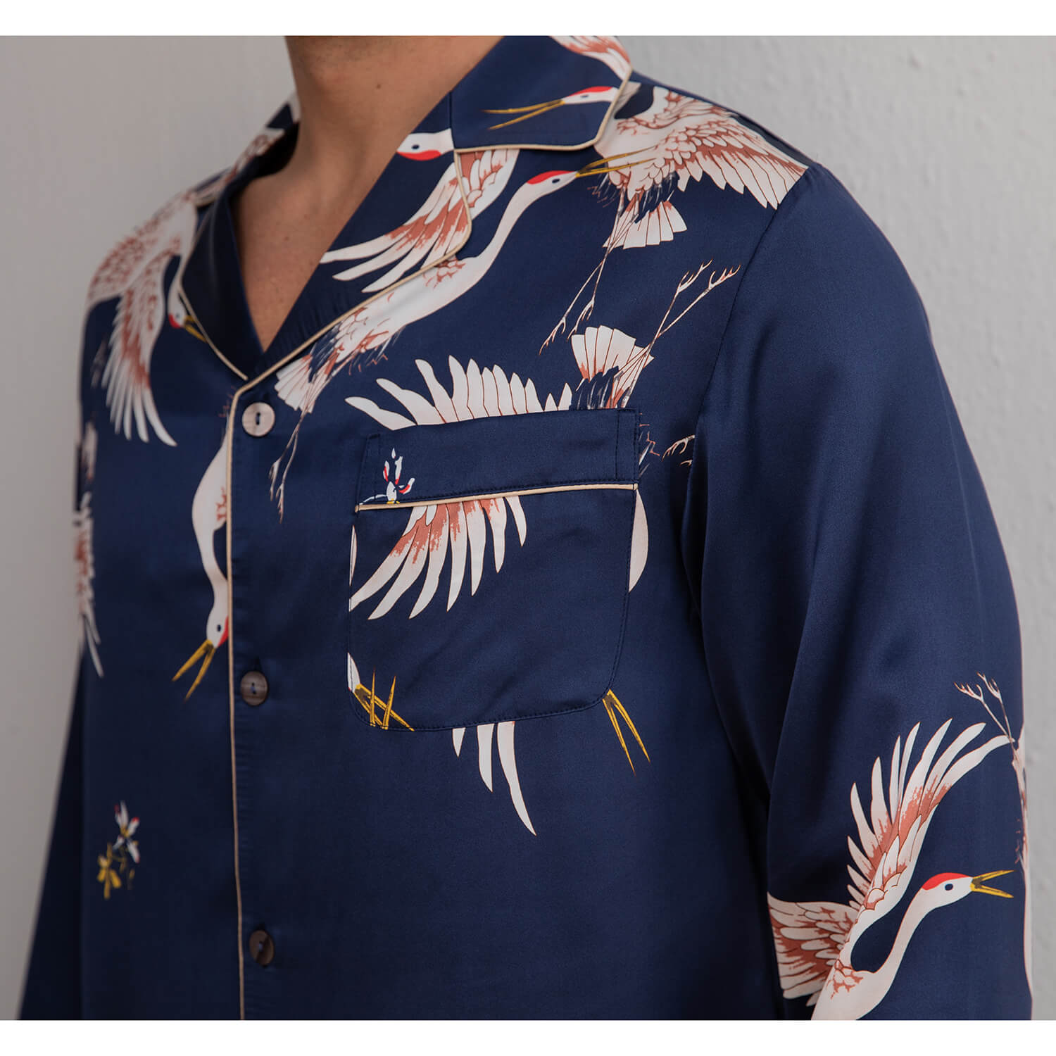 Men Crane Print Long Silk Pajamas Set Pure Silk Sleepwear