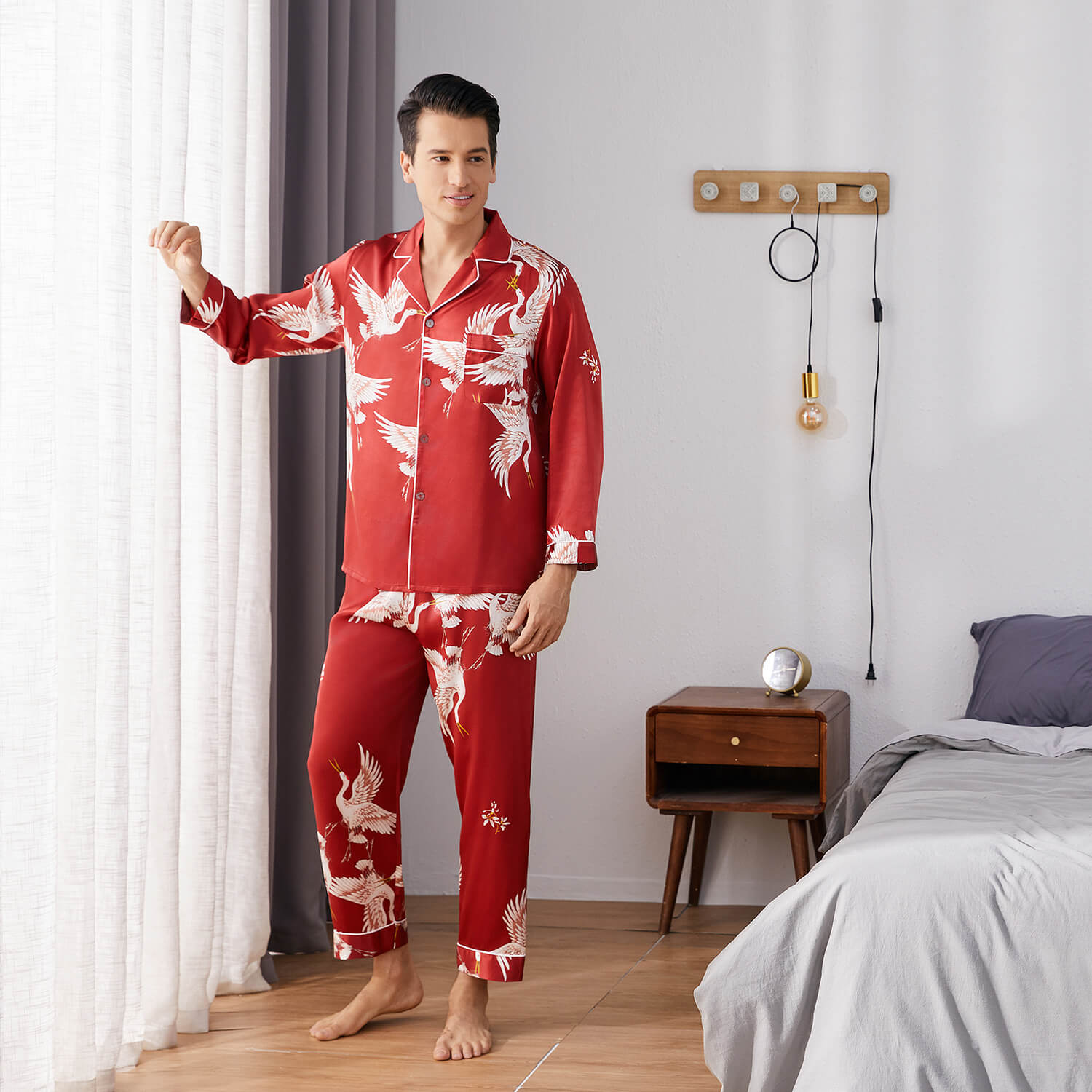 Men Crane Print Long Silk Pajamas Set Pure Silk Sleepwear
