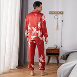 Men Crane Print Long Silk Pajamas Set Pure Silk Sleepwear