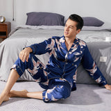 Men Crane Print Long Silk Pajamas Set Pure Silk Sleepwear