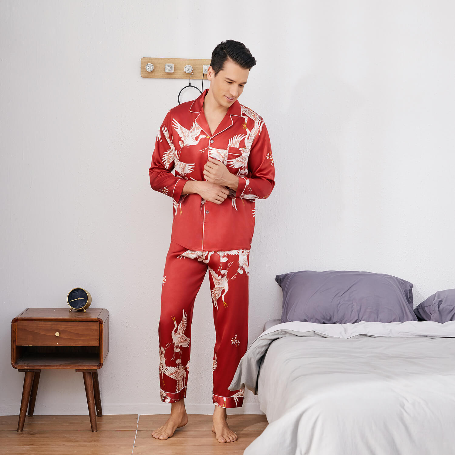 Men Crane Print Long Silk Pajamas Set Pure Silk Sleepwear