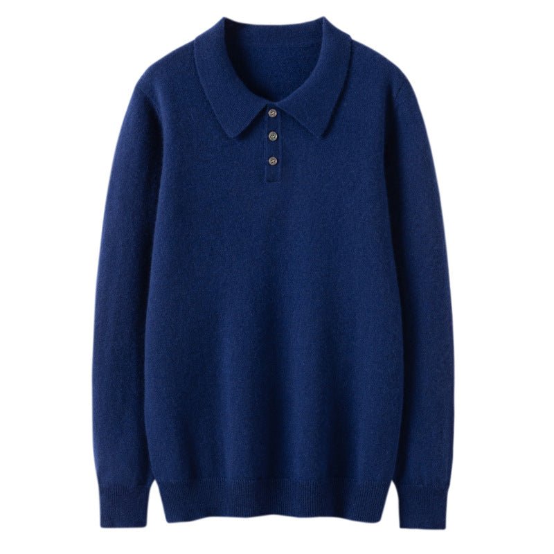 Mens Cashmere Sweater Polo Neck Cashmere Knit Pullover with Button Placket Navy XS