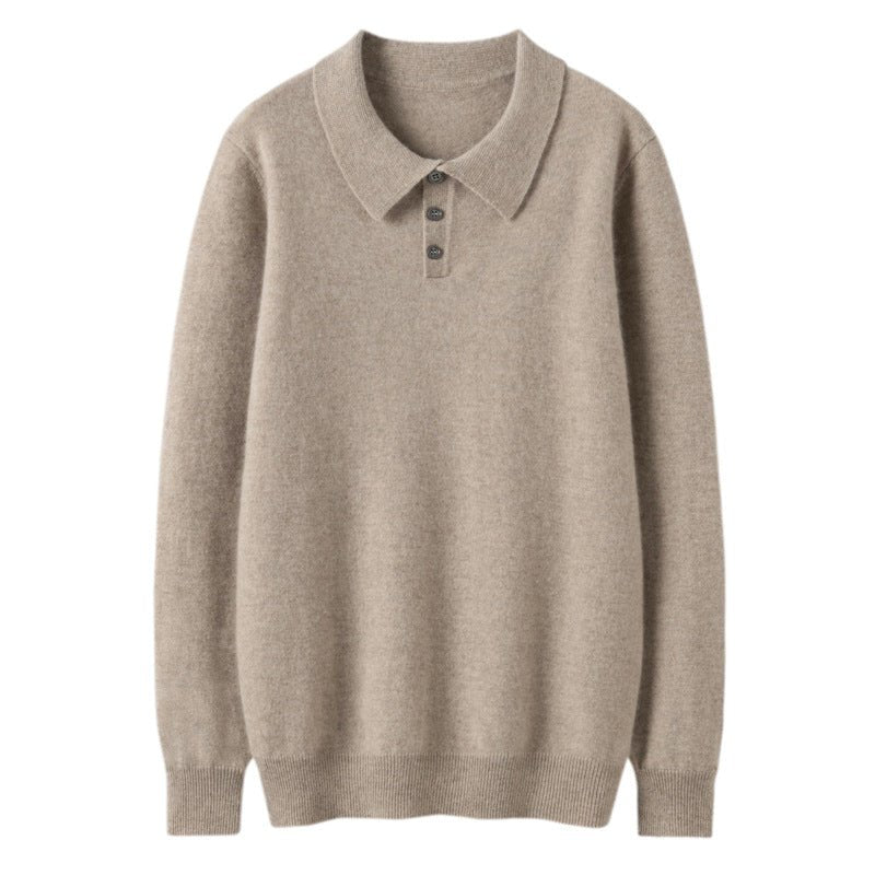 Mens Cashmere Sweater Polo Neck Cashmere Knit Pullover with Button Placket Taupe XS