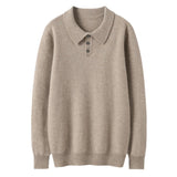 Mens Cashmere Sweater Polo Neck Cashmere Knit Pullover with Button Placket Taupe XS