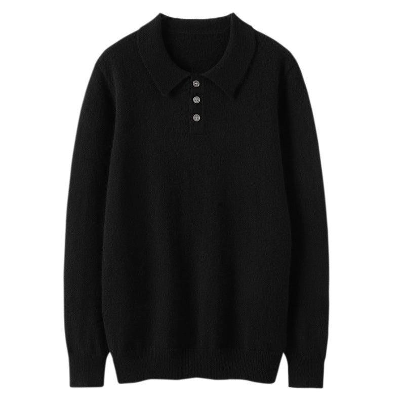 Mens Cashmere Sweater Polo Neck Cashmere Knit Pullover with Button Placket Black XS
