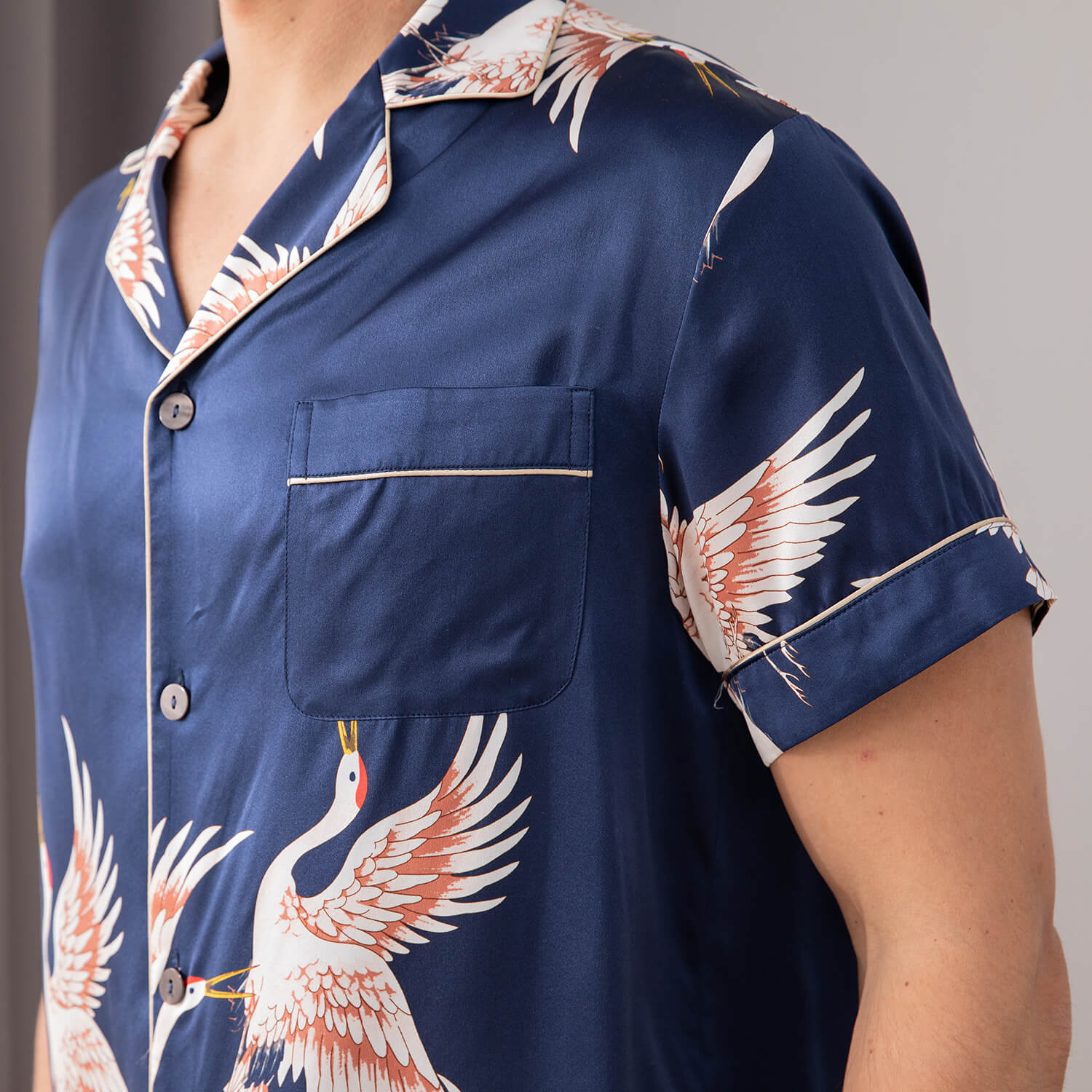 Mens Crane Print Silk Pajama Set 100% Mulberry Silk Sleepwear