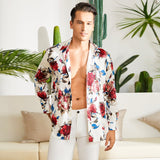 Men's Flower Printed Silk Shirts Button Down Silk Dress Shirt