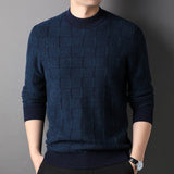 Mens Grid Pattern Pure Cashmere Sweater Mock Neck Cashmere Jumper