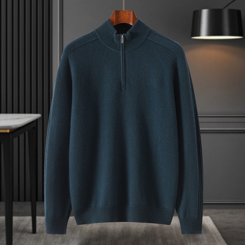 Mens Half - Zip Mock Neck Pure Cashmere Sweater Ribbed Collar Cashmere Pullover