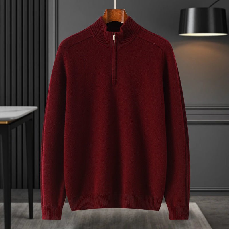 Mens Half - Zip Mock Neck Pure Cashmere Sweater Ribbed Collar Cashmere Pullover