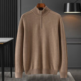 Mens Half - Zip Mock Neck Pure Cashmere Sweater Ribbed Collar Cashmere Pullover