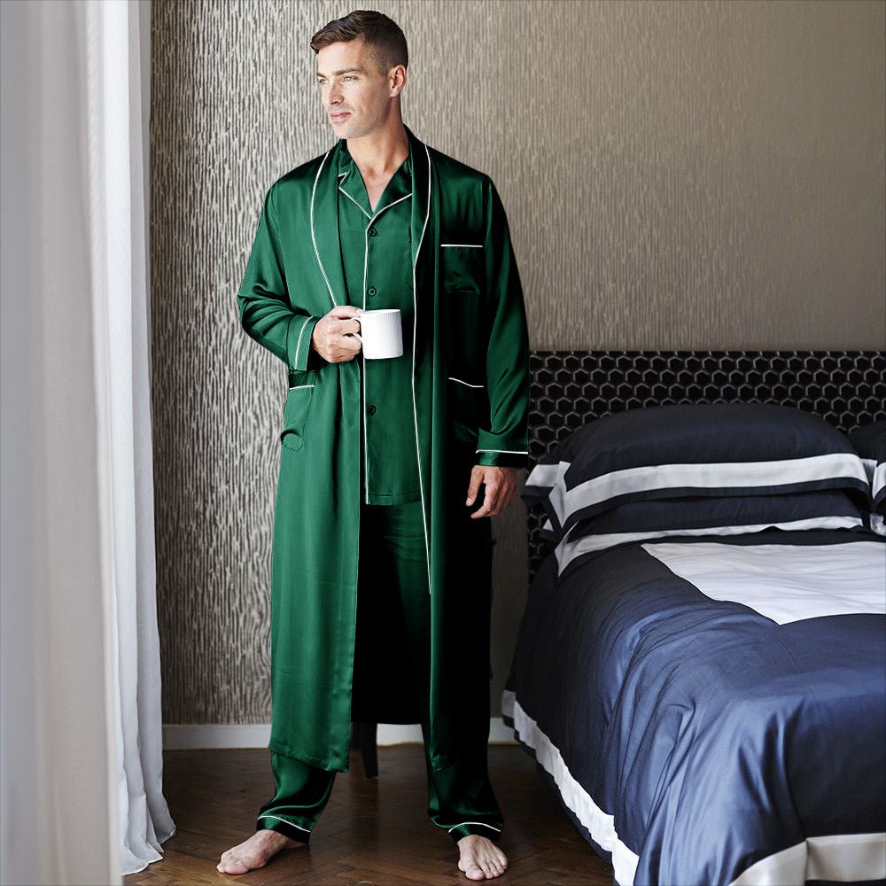 Mens Long Silk Pajamas & Robe Set Full Length Silk Sleepwear