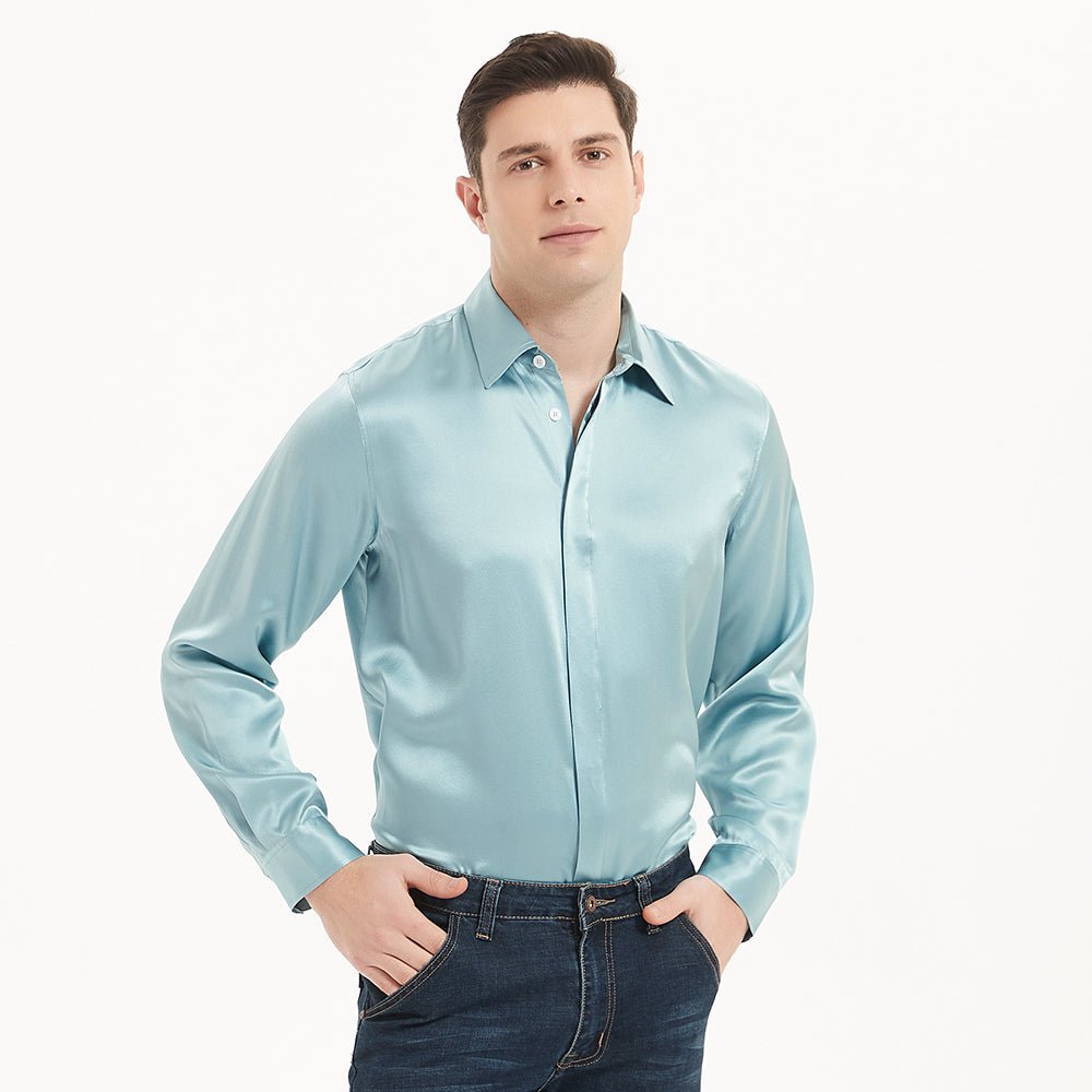 Mens Long Sleeves Silk Shirt Hidden Placket Silk Dress Shirts
