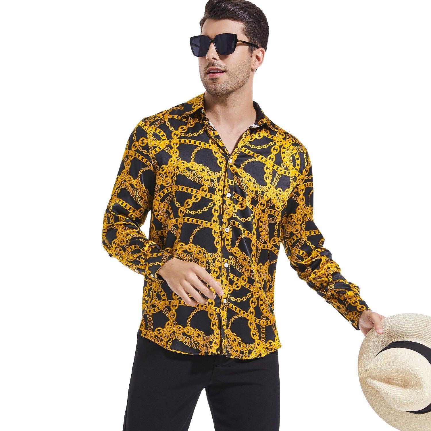 Men's Gold Chains Print Button Down Long Sleeve Silk Shirt