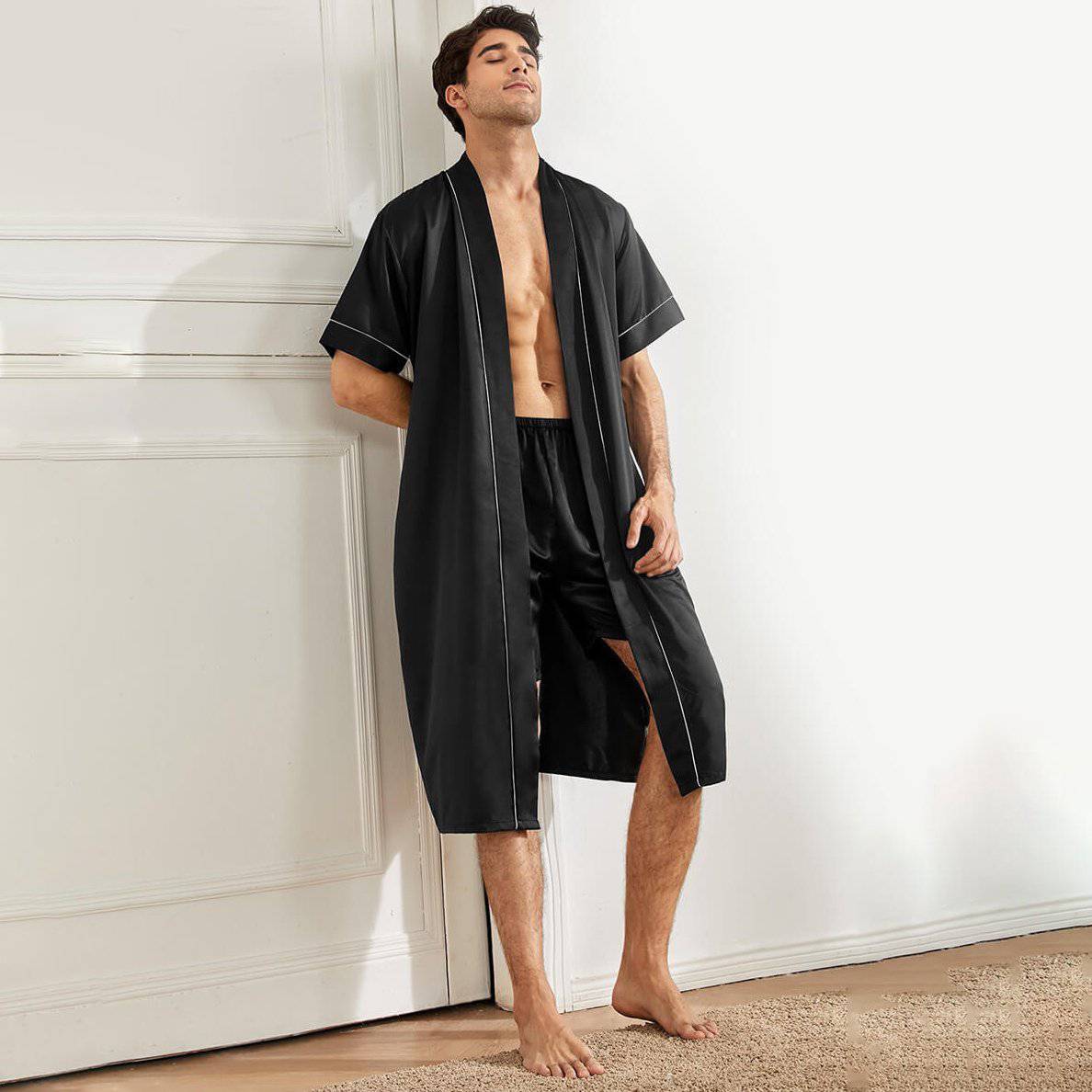 Men's Silk Robe Set Two Pieces Silk Kimono Robe With Shorts