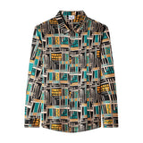 Mens Silk Shirts Geometric Print Retro Art Silk Dress Shirts