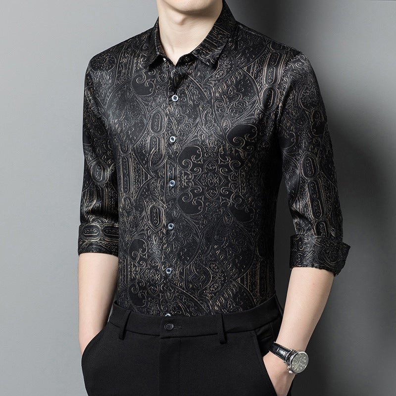 Mens Silk Shirts Long Sleeve Silk Baroque Pattern Dress Shirt