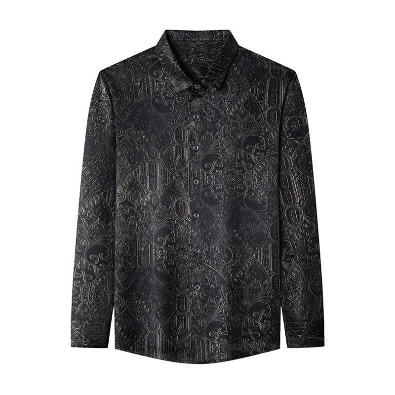 Mens Silk Shirts Long Sleeve Silk Baroque Pattern Dress Shirt