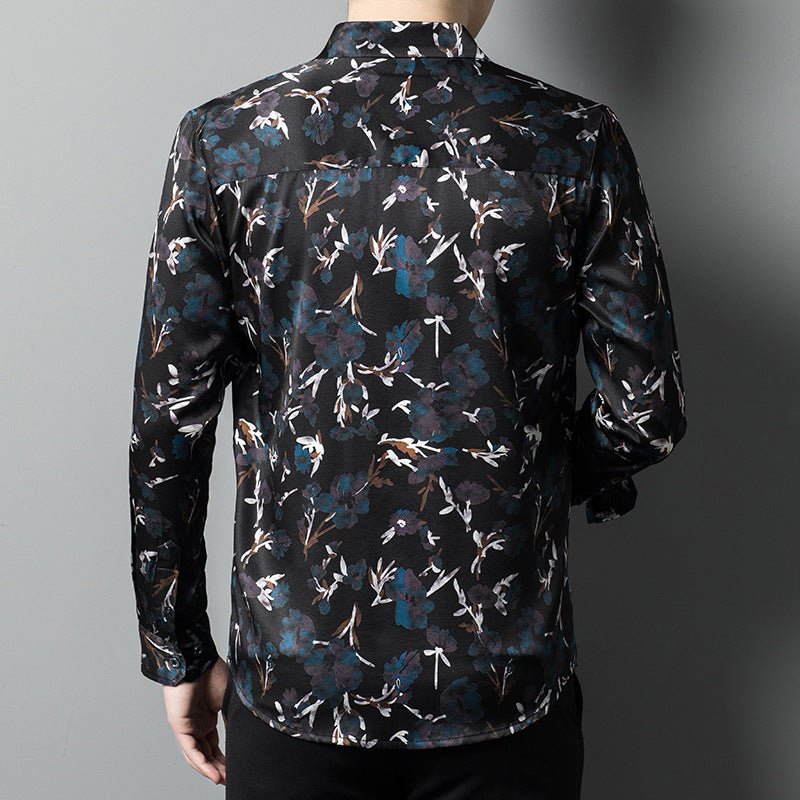 Mens Silk Shirts Long Sleeve Silk Floral Print Dress Shirts