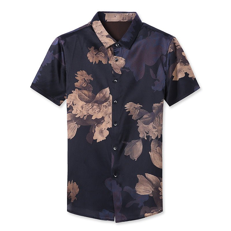 Mens Silk Shirts Short Sleeve Bronze Floral Print Silk Dress Shirt
