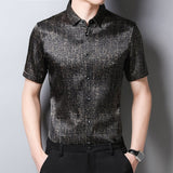 Mens Silk Shirts Short Sleeve Crackled Bronze Texture Silk Dress Shirt