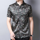 Mens Silk Shirts Short Sleeve Forest Bird and Floral Print Silk Dress Shirt