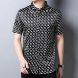Mens Silk Shirts Short Sleeve Geometric Grid Print Silk Dress Shirt