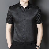 Mens Silk Shirts Short Sleeve Textured Pattern Silk Dress Shirt