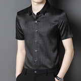 Mens Silk Shirts Short Sleeve Textured Pattern Silk Dress Shirt