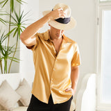 Men's Silk T-Shirt Luxury Button Down Silk Short Dress Shirt