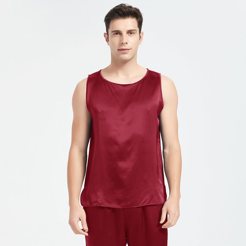 Mens Silk Tank Top Set Sleeveless Short Silk Pajamas Set