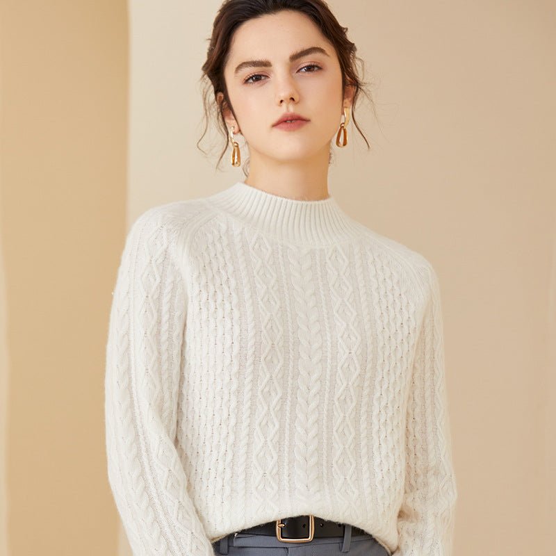 Long Sleeves Cable - knit Mock Neck Cashmere Sweater For Women