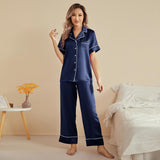 Classic Silk Pajamas Short Sleeve Long Pants Silk Pjs