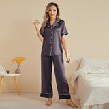 Classic Silk Pajamas Short Sleeve Long Pants Silk Pjs