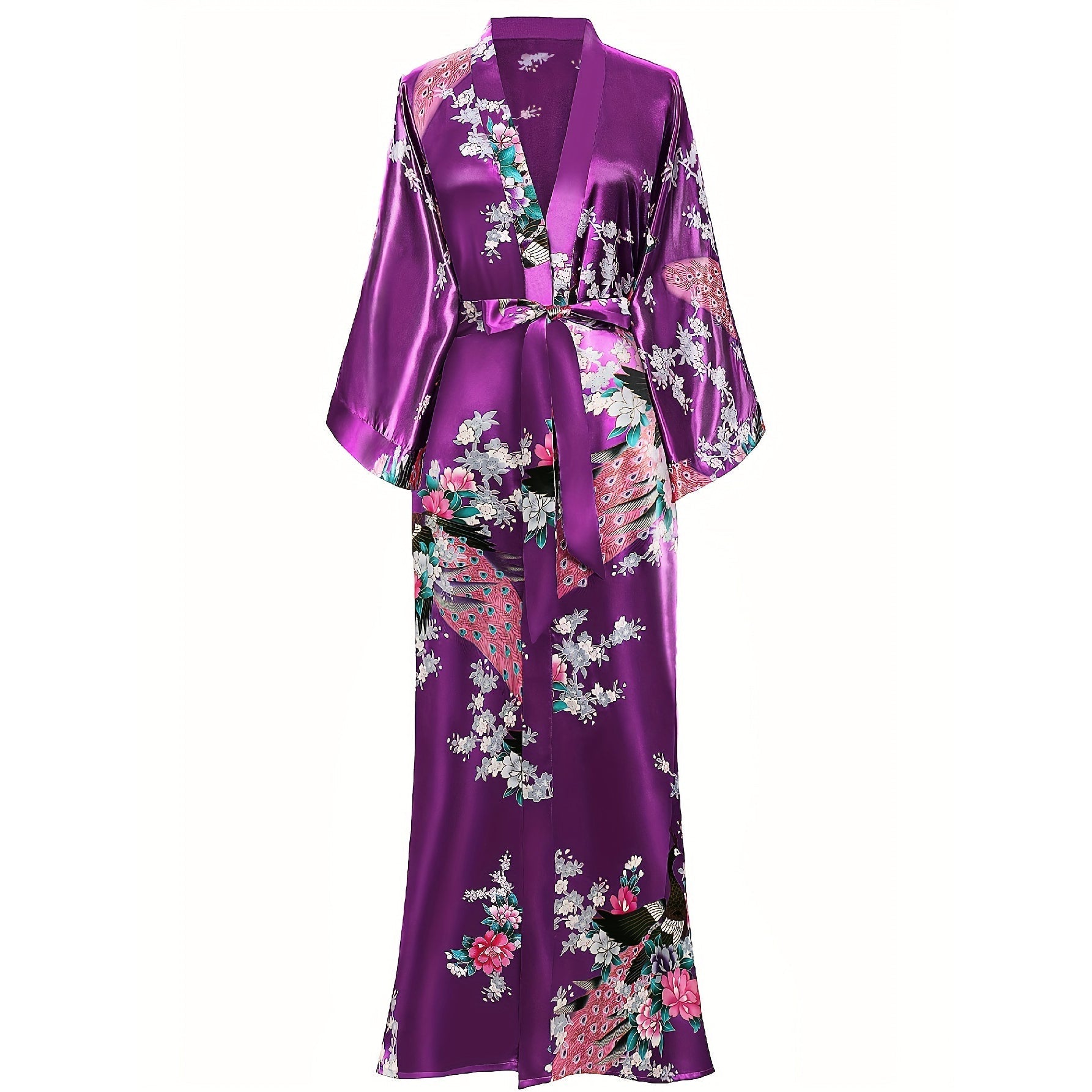 Women Peacock Print Silk Kimono Hand Painted Silk Kimono Purple One size fits most