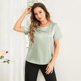 Pure Silk Blouses Short Sleeves Mulberry Silk Round Neck Shirt