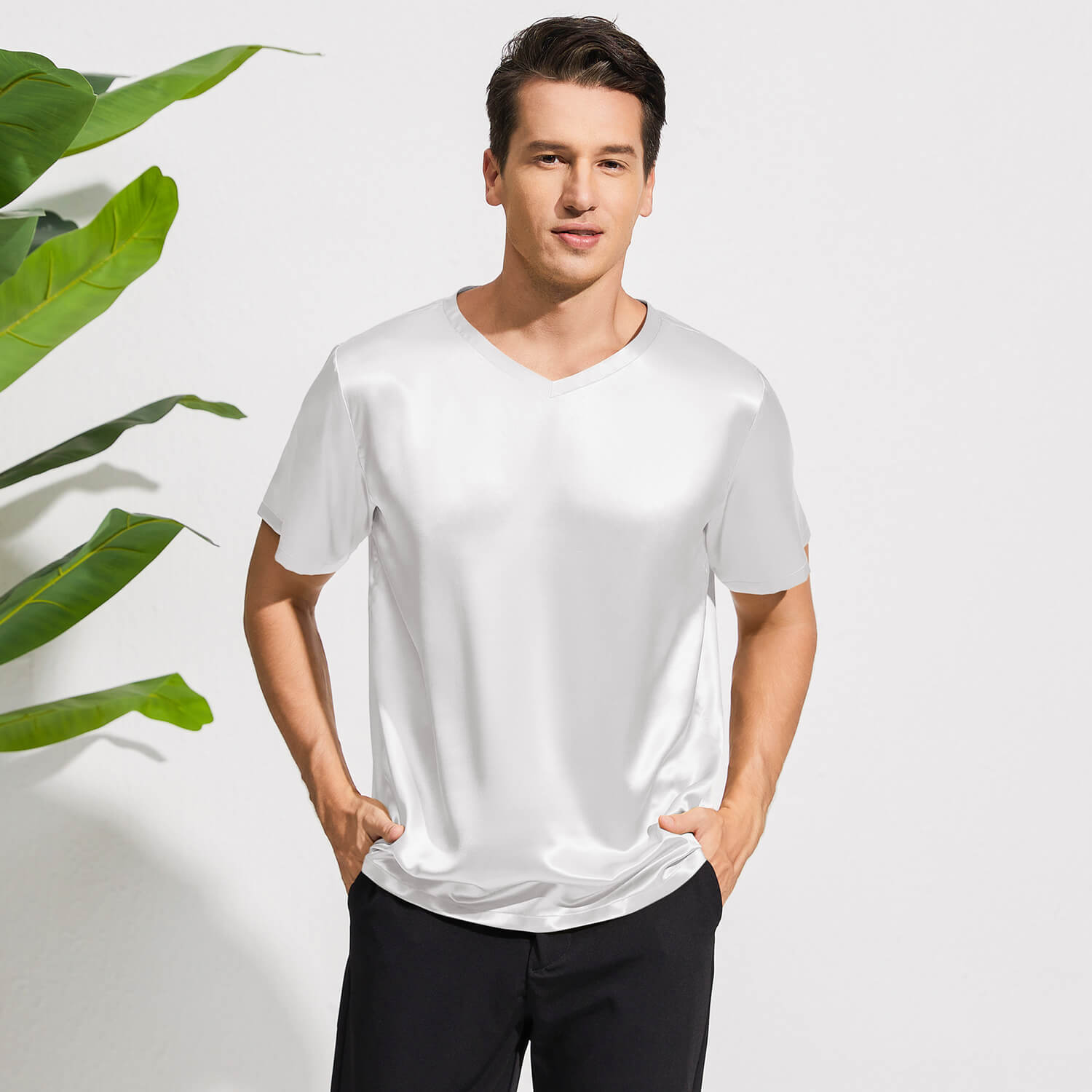 Pure Silk T-Shirts For Men Luxury V - Neck Silk Top Tee