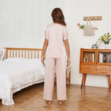 Short Sleeve Women's Silk Pajama Set With Wide Leg Pants