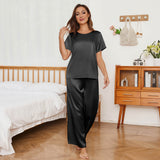 Short Sleeve Women's Silk Pajama Set With Wide Leg Pants
