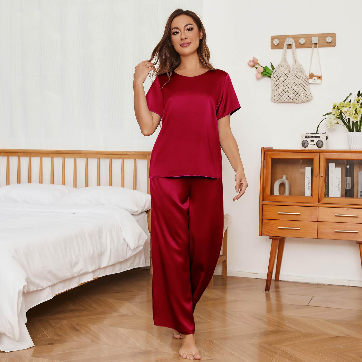 Short Sleeve Women's Silk Pajama Set With Wide Leg Pants