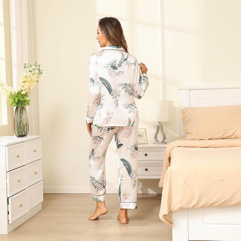 Silk Pajama Set For Women Long Flower Print Silk Pyjamas White XS