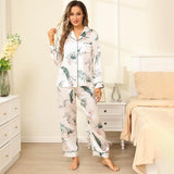 Silk Pajama Set For Women Long Flower Print Silk Pyjamas White XS